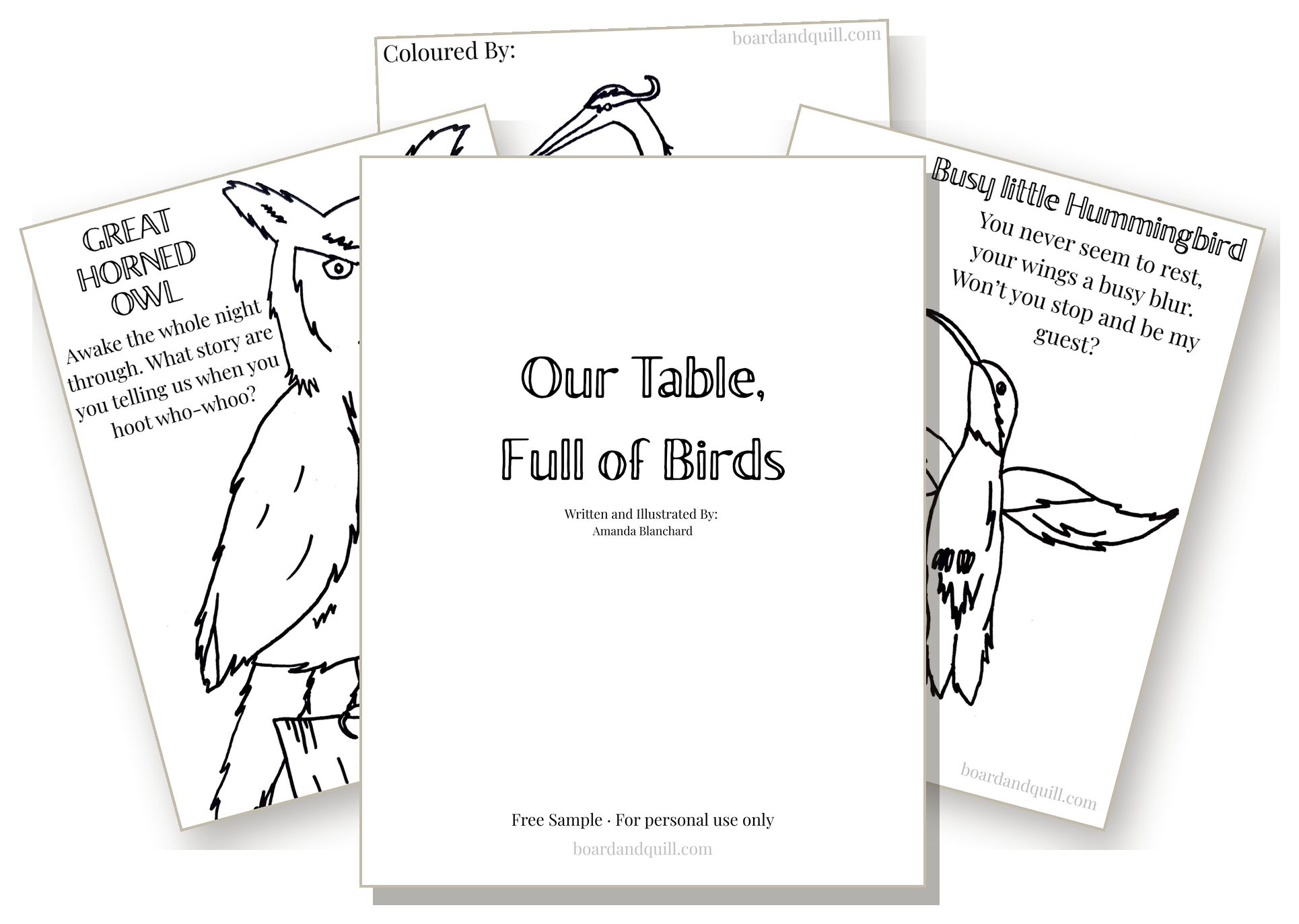A fanned preview of the Our Table, Full of Birds colouring sampler: the cover, a great horned owl page, and a hummingbird page with a short poem.