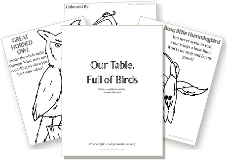 A fanned preview of the free Our Table, Full of Birds colouring sampler.